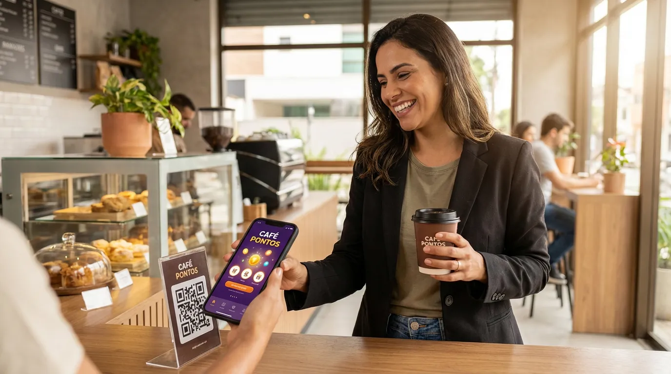 Cliente usando cartão fidelidade digital no smartphone